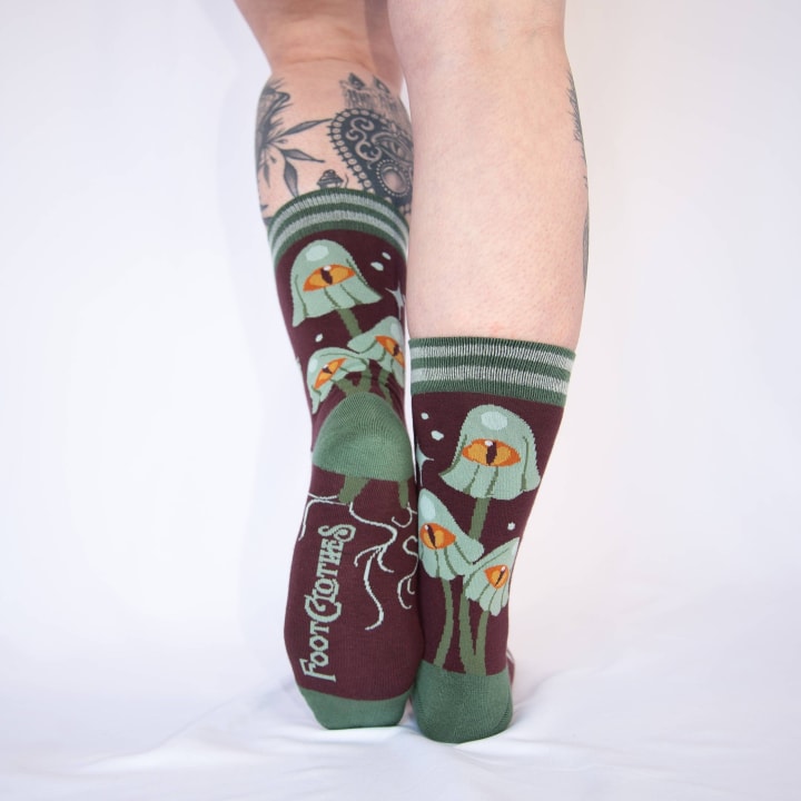 Mystic Mushrooms Crew Socks | Enchanted One-eyed Fungi Footwear