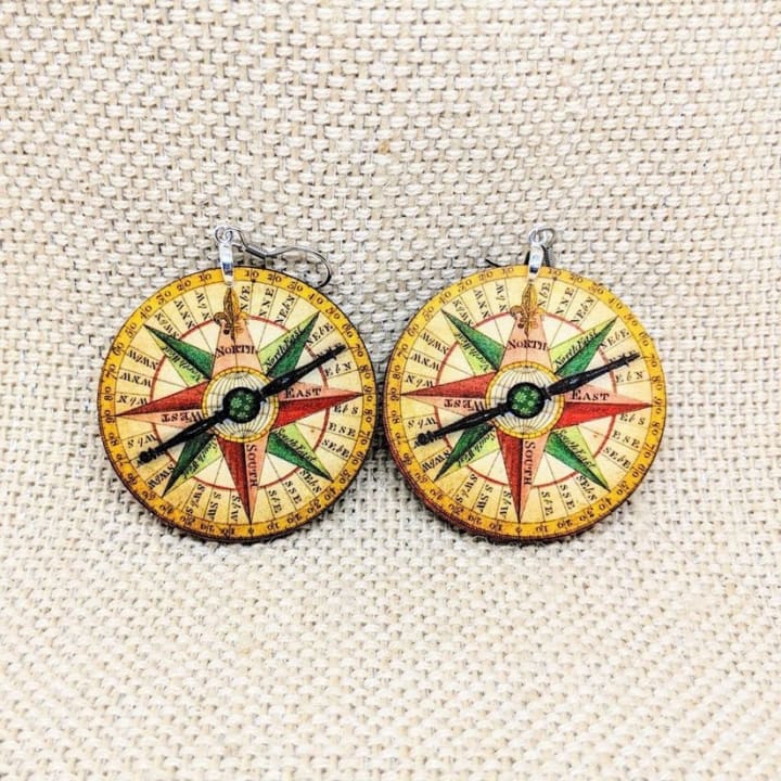 Compass Dangling Earrings | Handmade | Lightweight Wood