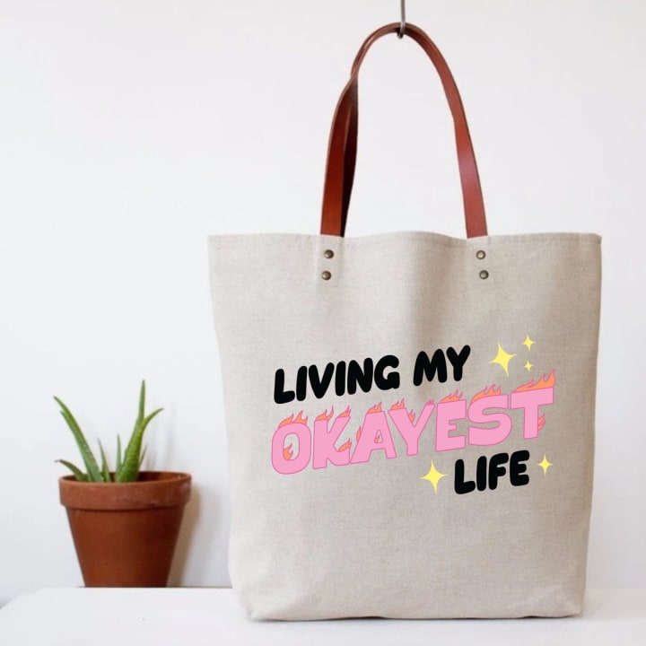 Fun Club Living My Okayest Life Tote Bag | Vegan Leather Handles