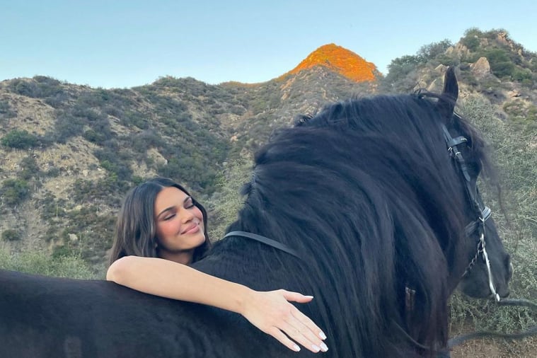 Kendall Jenner with a black horse