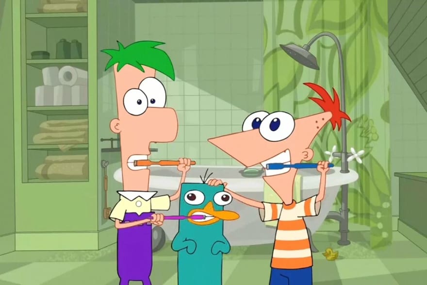 Phineas, Perry the Platypus and Ferb brushing their teeth