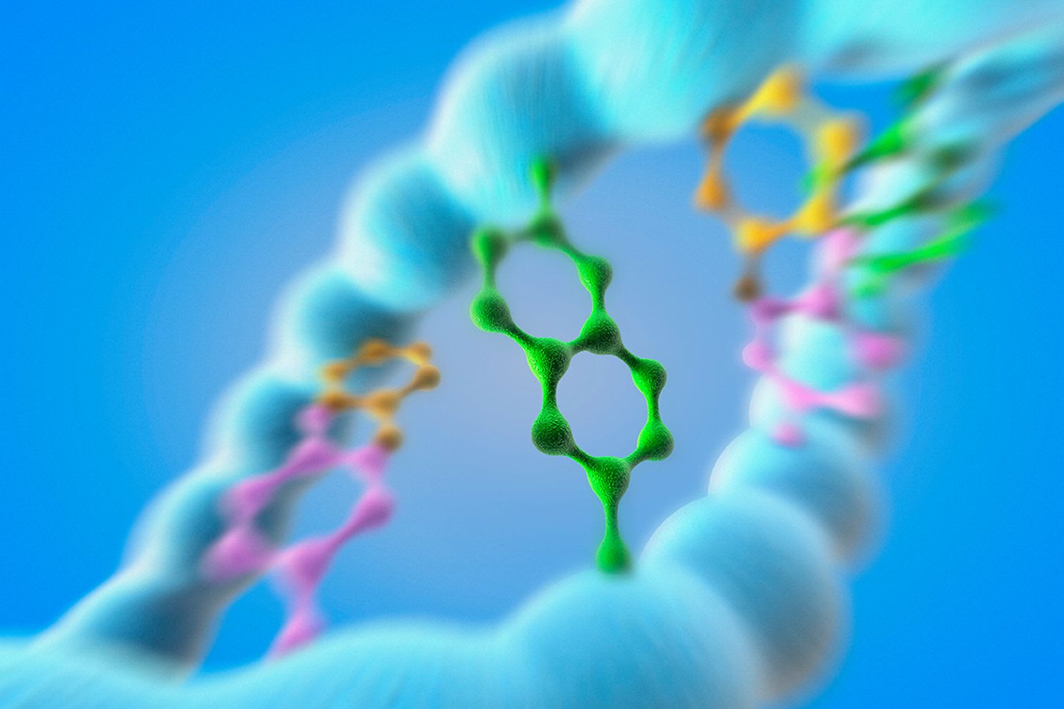 Digital art showing strand of DNA in blue, green, orange and pink