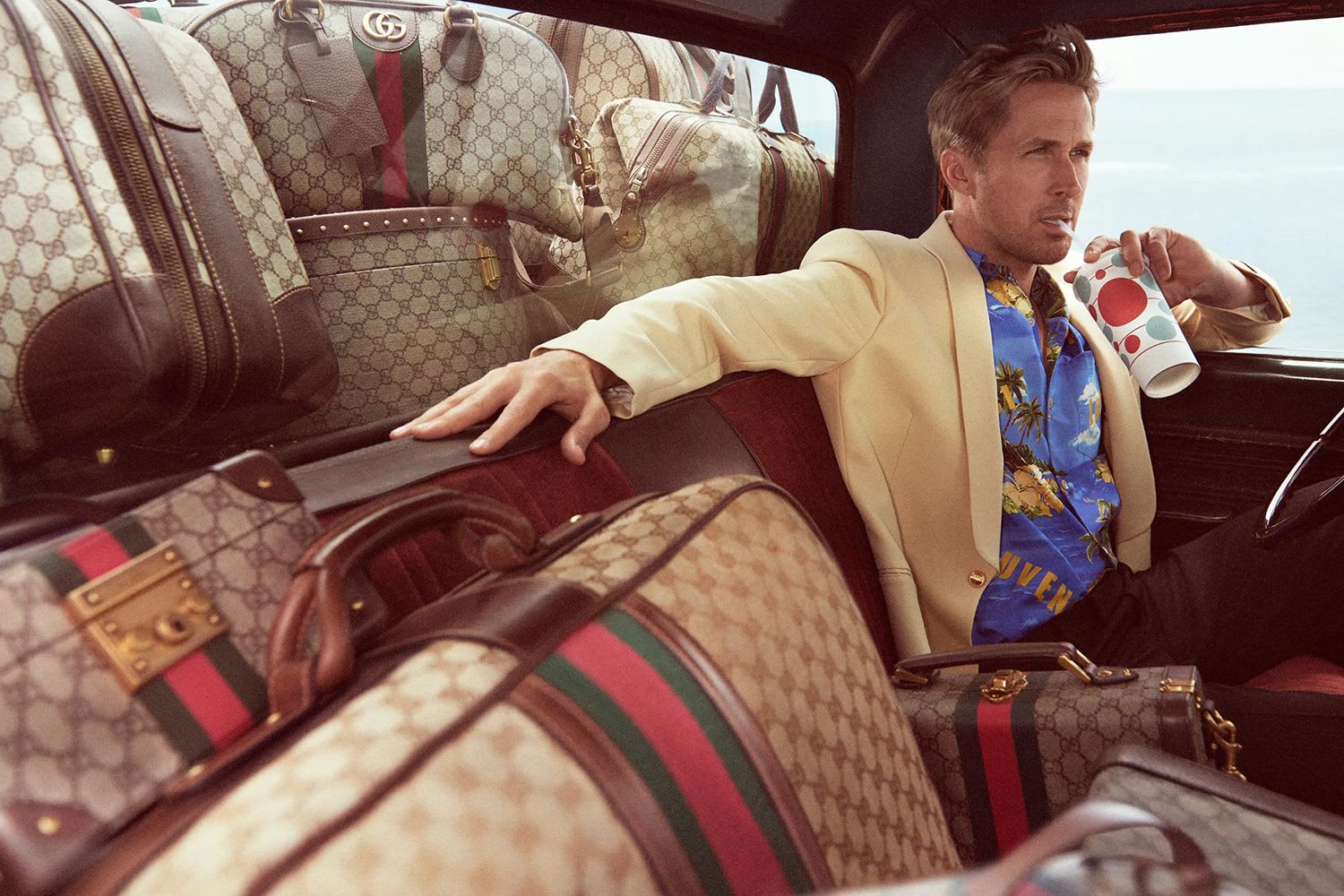 Ryan Gosling in car for Gucci travel campaign